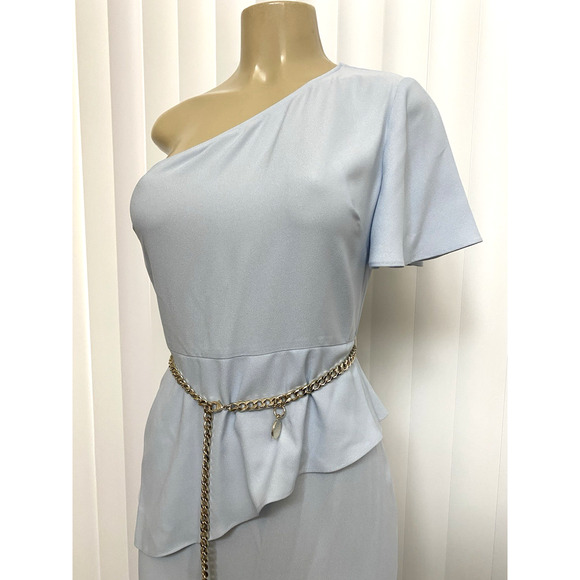 NWT Ted Baker Dress One Shoulder Baby Blue Peplum Sheath Chain Belt Midi 2 S 4 6 - Picture 4 of 10